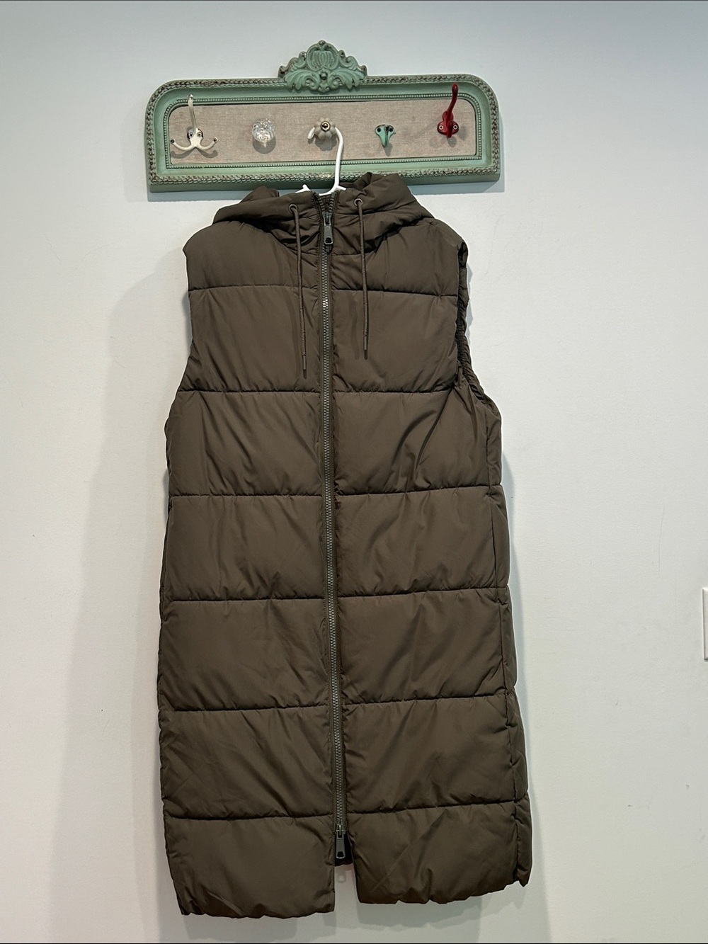H&M Olive Green Quilted Hooded Long Puffer Vest